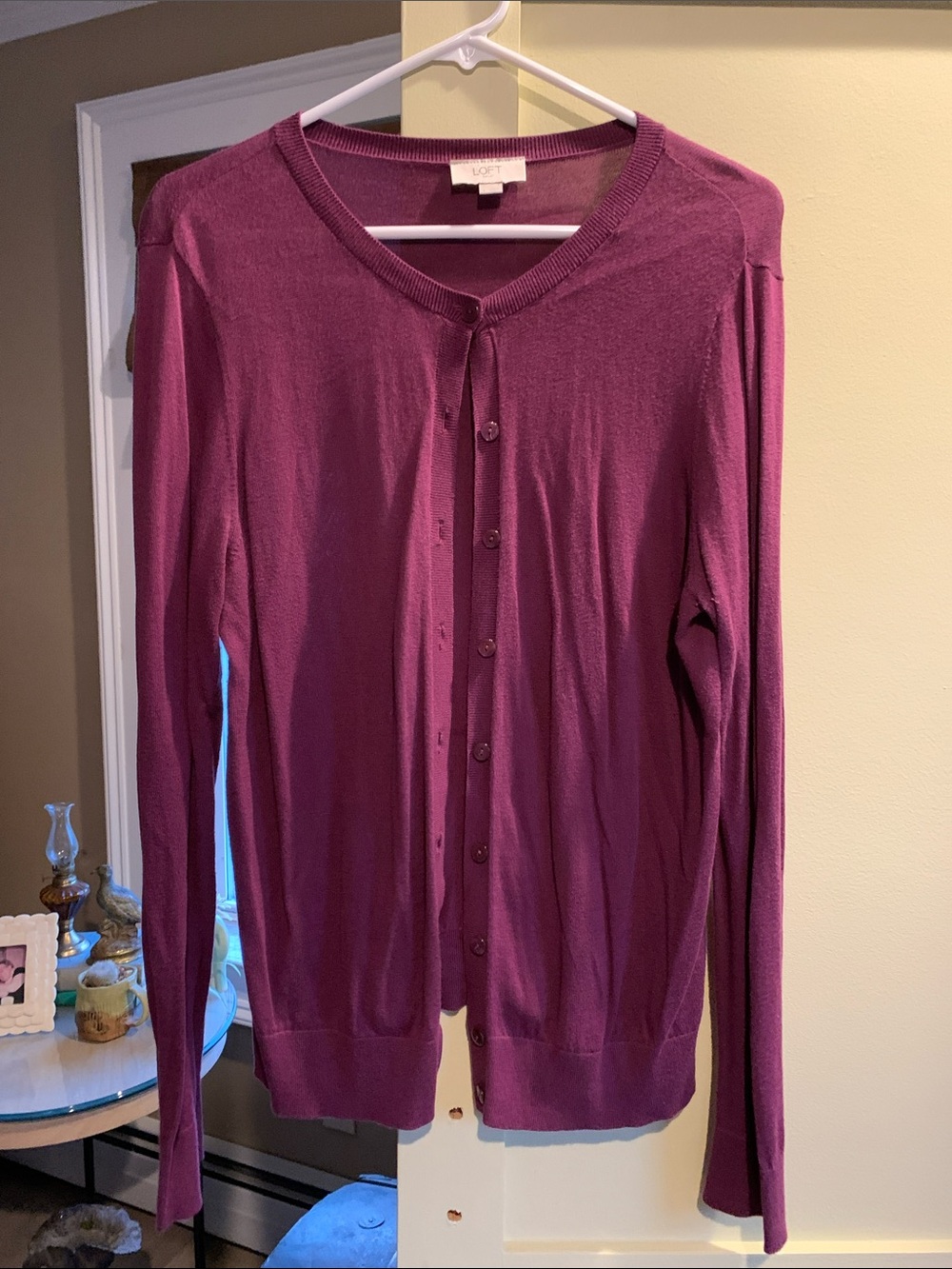 LOFT Deep Plum Button-Front Lightweight Cardigan